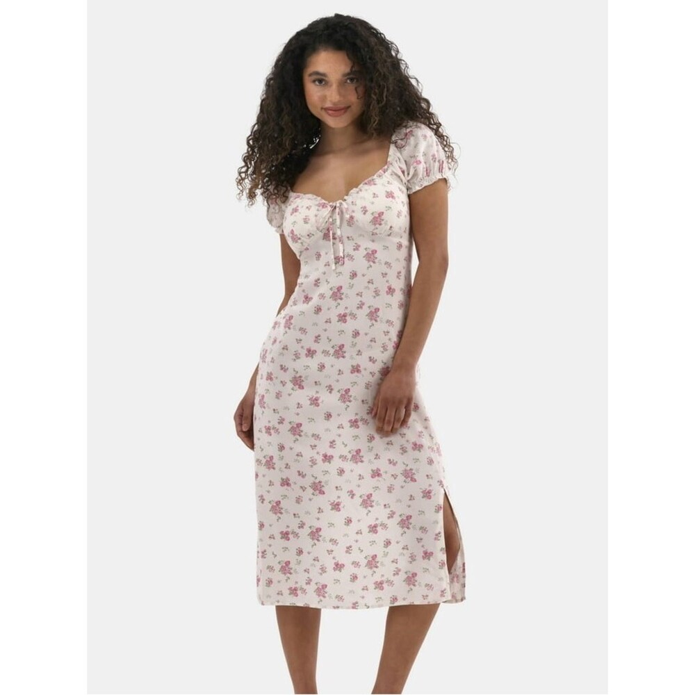 No Boundaries Ivory White Floral Puff Sleeve Midi Dress Size Size Large NWT